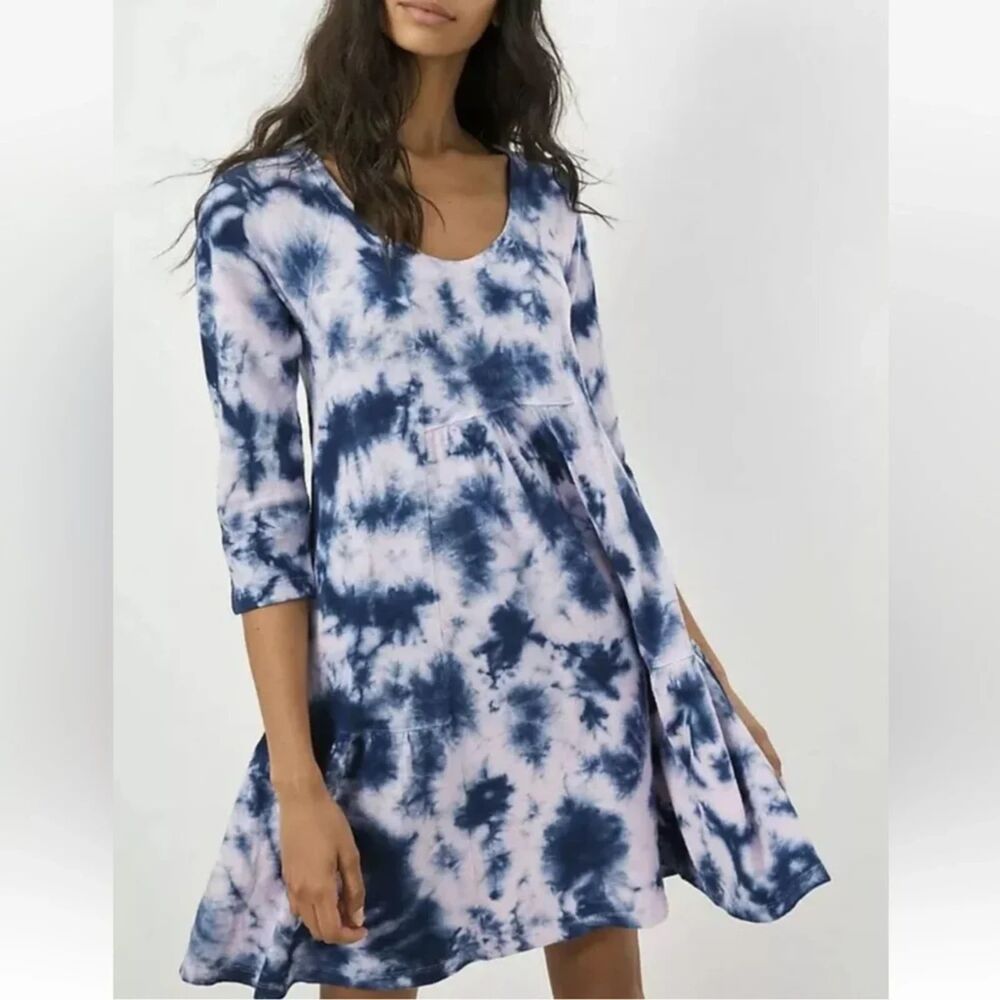 Saturday Sunday Anthropologie Pollie Tiered Tie-Dye Mini Dress Blue Medium